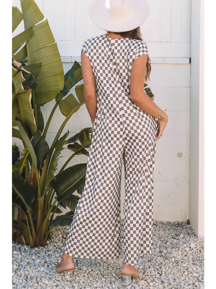 Our Home to Yours Candles & Gifts - Wholesale Jumpsuit - Women's - Khaki Checkered Print Buttoned Crew Neck Wide Leg Jumpsuit1