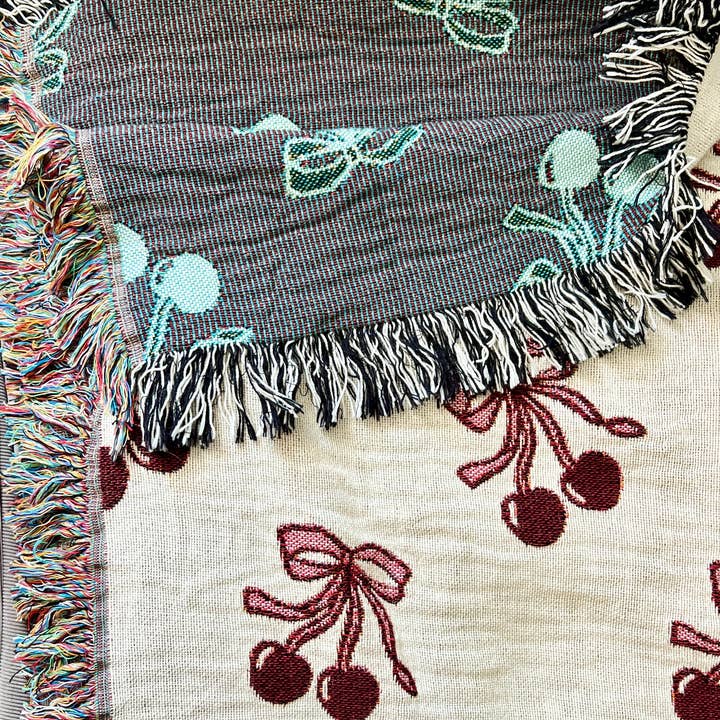 PunchyStuff Studio - Wholesale Throw Blanket - Coquette Cherry Bows - Cotton Woven Throw Blanket4