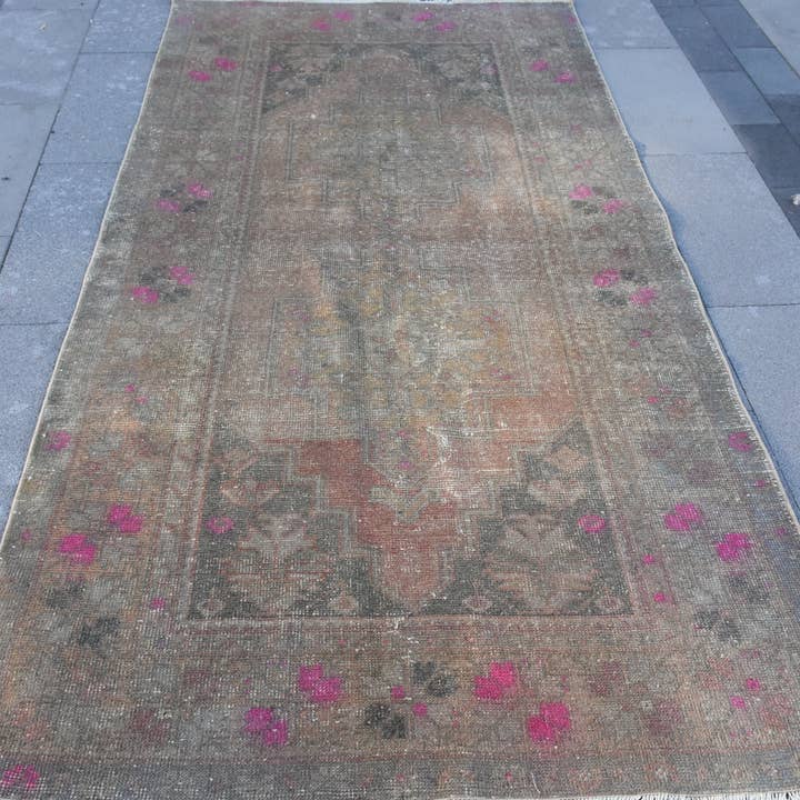 Vintage lappmatta, brun & rosa handgjord matta 4,3x8,3 fot för wholesale av Vintage Rugs Loom