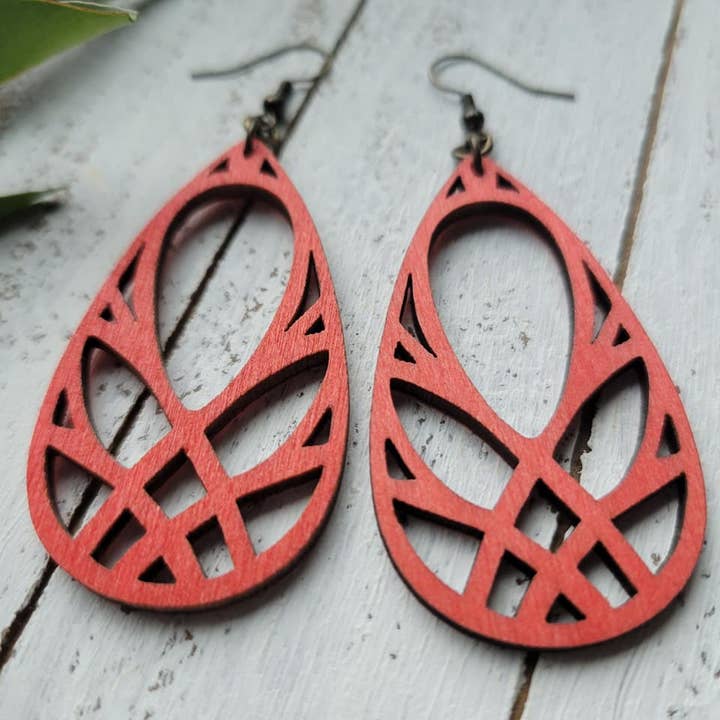 Red Laser Cut Wood Earrings for wholesale by Elskas Designs