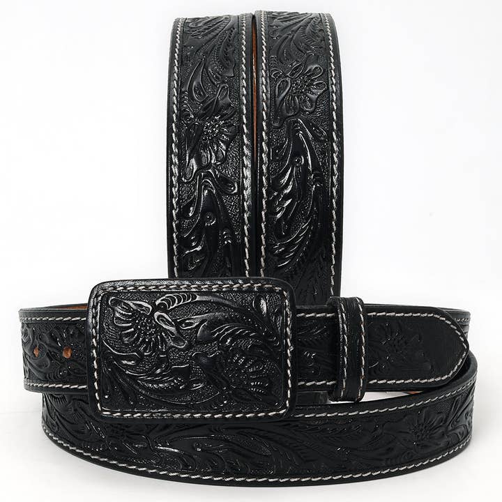 ADBLF215 Black Hand-Tooled Leather Belt with Matching Floral Buckle for wholesale by LS Western