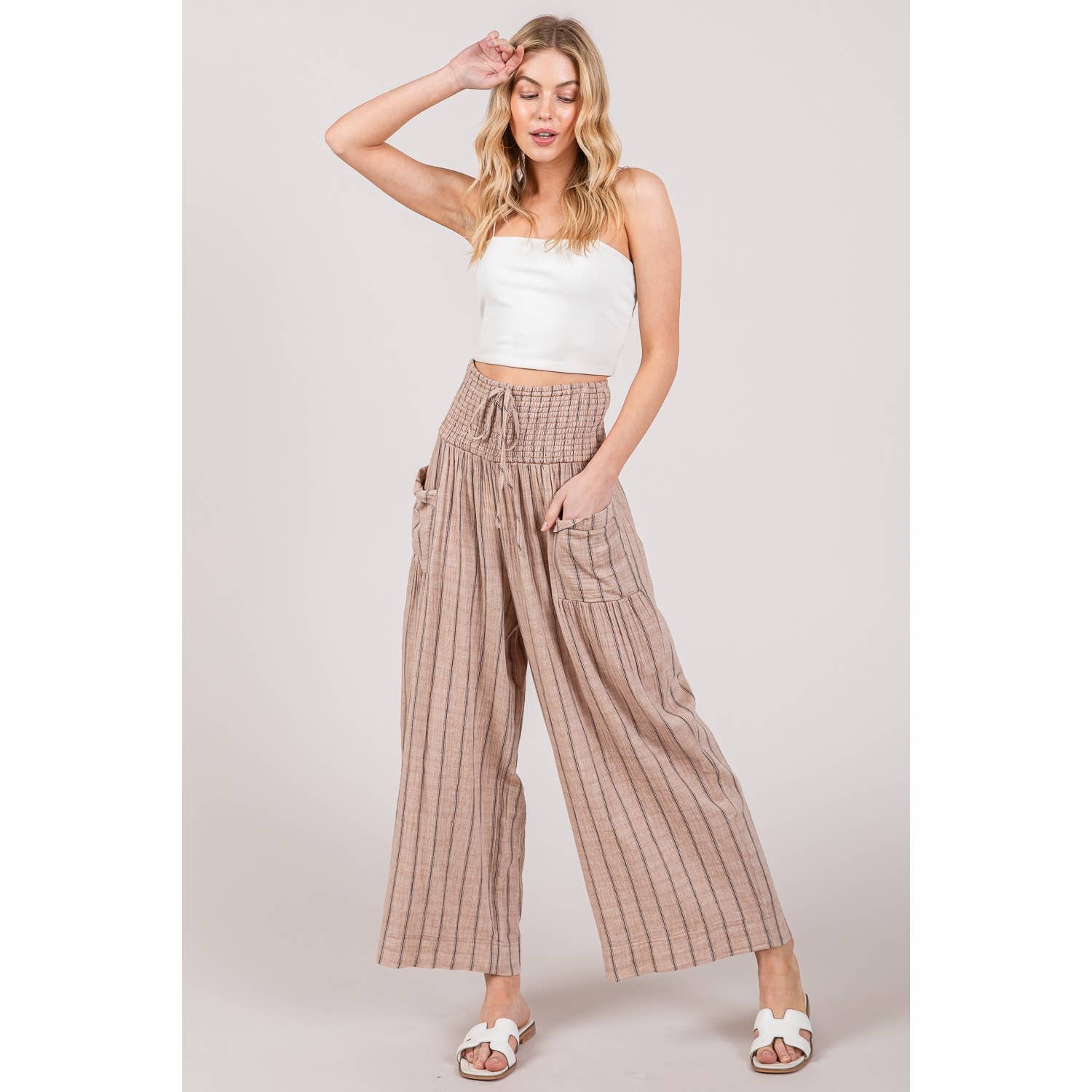 Sage + Fig - Wholesale Pants - Women's - STRIPED SMOCKED BOHO COTTON GAUZE PANTS (SP7105-A)7