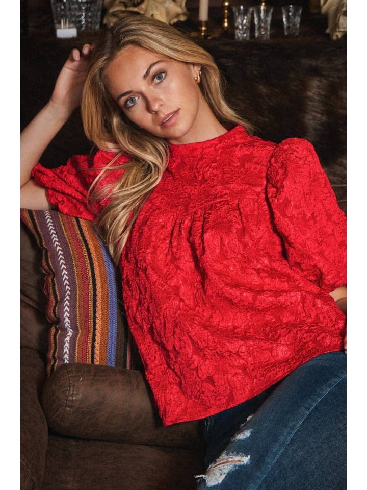 Oddi - Wholesale Blouse - Women's - Plus Floral Jacquard Balloon Sleeve Blouse