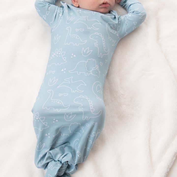 Blue Dinosaur Print Knotted Sack Gown with Hat for wholesale by London Bridge & Maison Chic