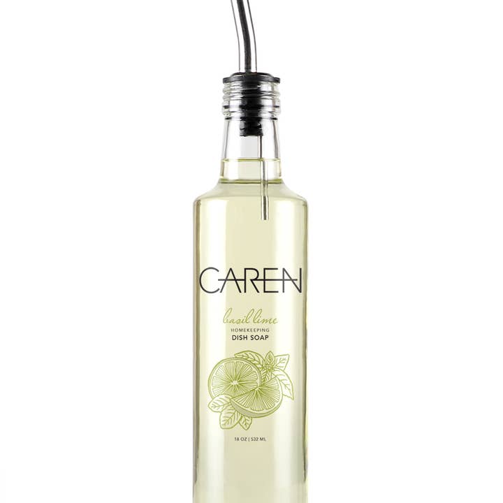 Basil Lime Dish Soap - 18 oz glass bottle with Pourer Spout for wholesale by Caren Products
