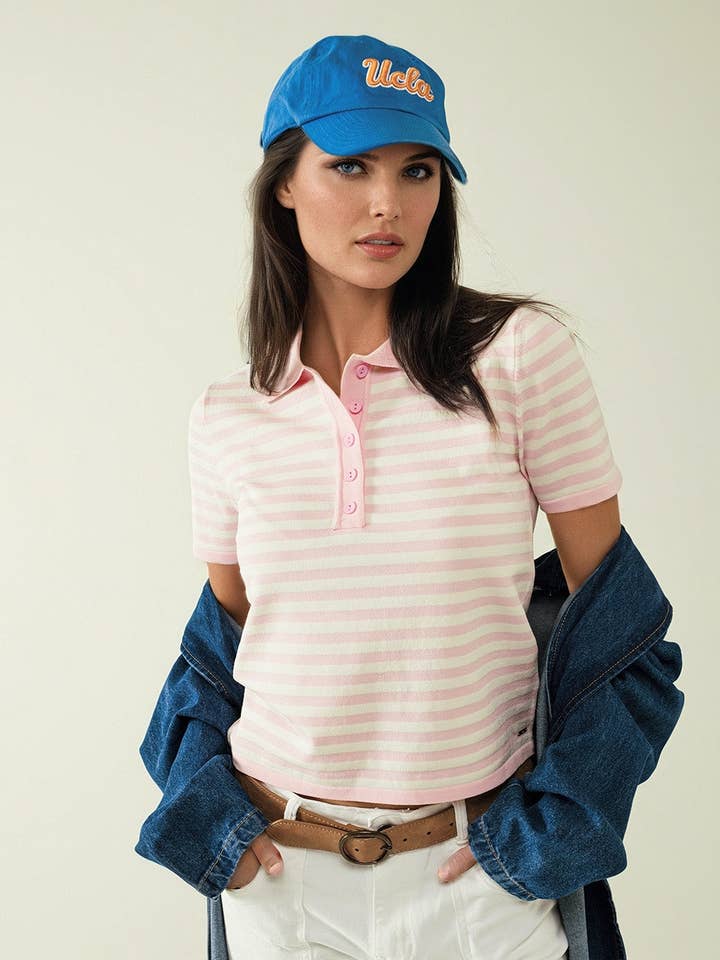 Weißes Kurzarm-Poloshirt mit hellrosa Streifen und F für den Großhandel von Q2—All Orders:Free Duties for the US,UK,and Canada