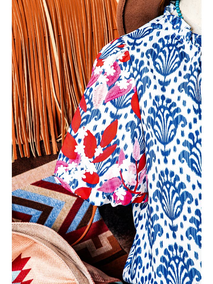 As shown Western Fashion Print Floral Puff Sleeve Frill Neck Blouse for wholesale on Faire