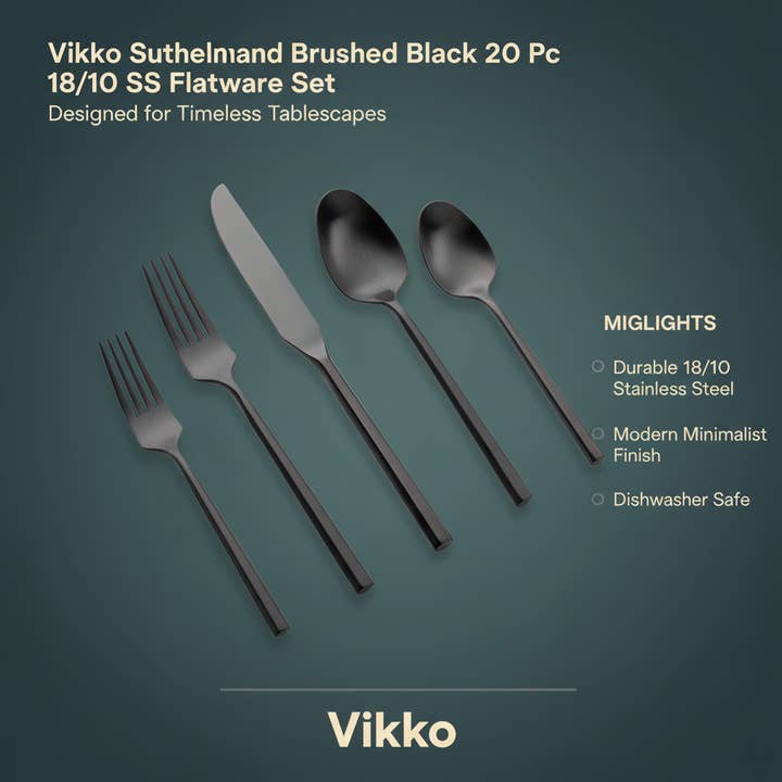 Kadra Kitchenware - Wholesale Flatware Set - Vikko Sutherland Brushed Black 20 Pc 18/10 SS Flatware Set3