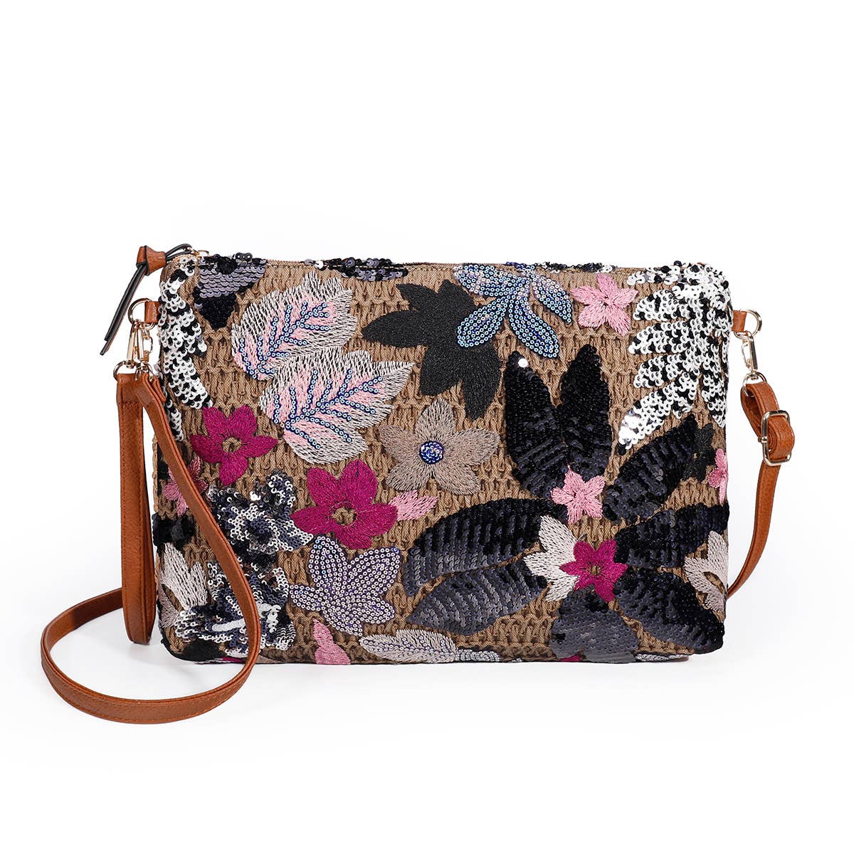PEACH ACCESSORIES - Wholesale Clutch Bag - Women's - Large Floral Embroidered Straw Clutch Bag A1912