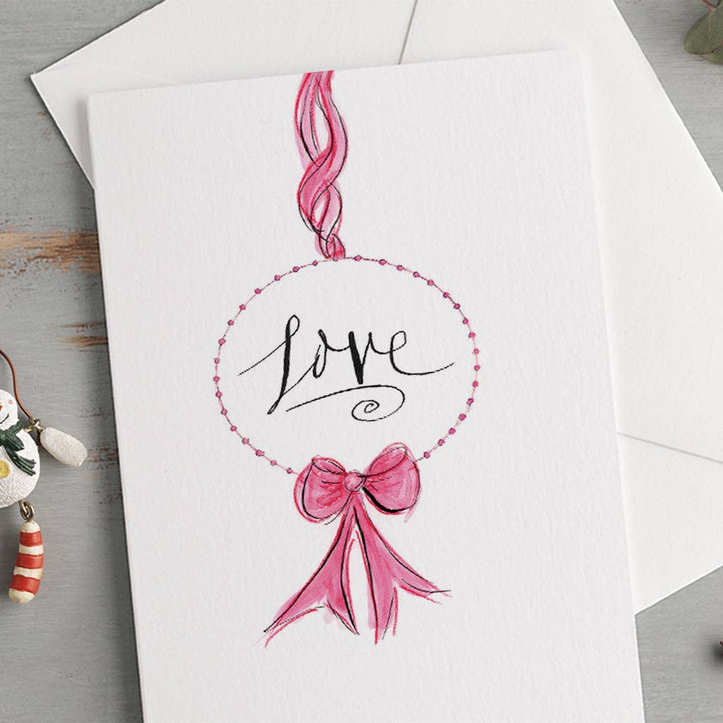 Gabrielle Solly Illustration - Vente Cartes de Noël - Carte de Noël vintage rouge « Christmas Love » avec boule et nœud1