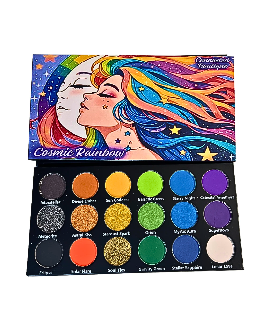 Connected Boutique - Wholesale Eyeshadow Palette - Cosmic Rainbow 18‑Shade Eyeshadow Palette – Celestial Hues & Glitter6
