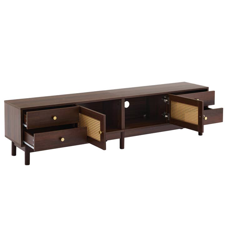 Urban Meuble - Wholesale Console Table - Vintage-style walnut wood effect TV stand with 2 rattan doors, 4 drawers 180*35*44cm KUQON15