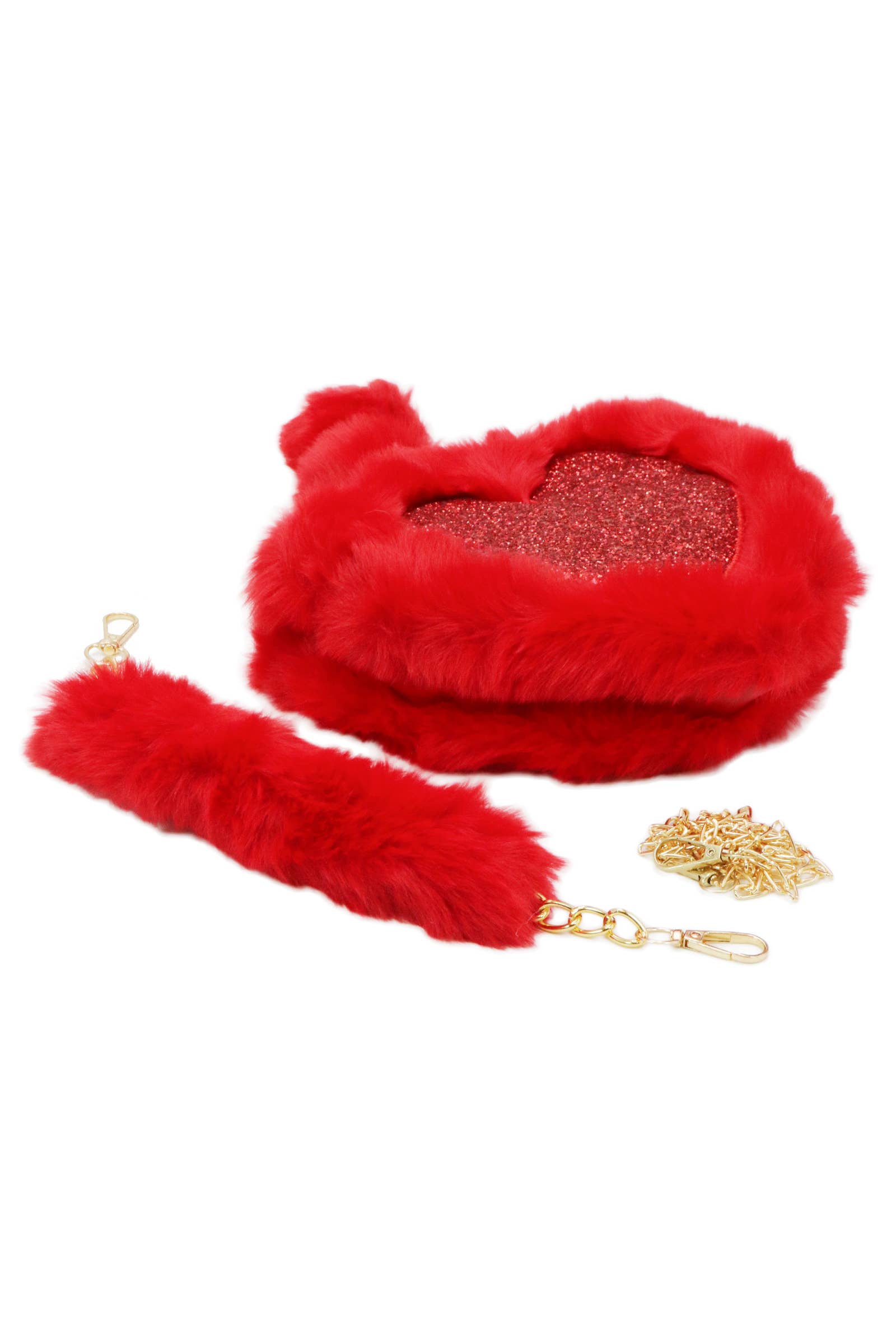 Cap Zone - Wholesale Crossbody Bag - Women's - Heart Glitter Faux Fur Crossbody Shoulder Bag9