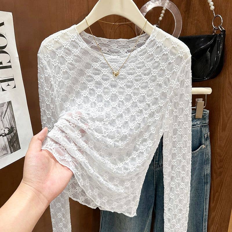 Rosa Clothing - Wholesale T-Shirt - Women's - Sheer Mesh Diamond Floral Lace Layering Fitted Crew Top0