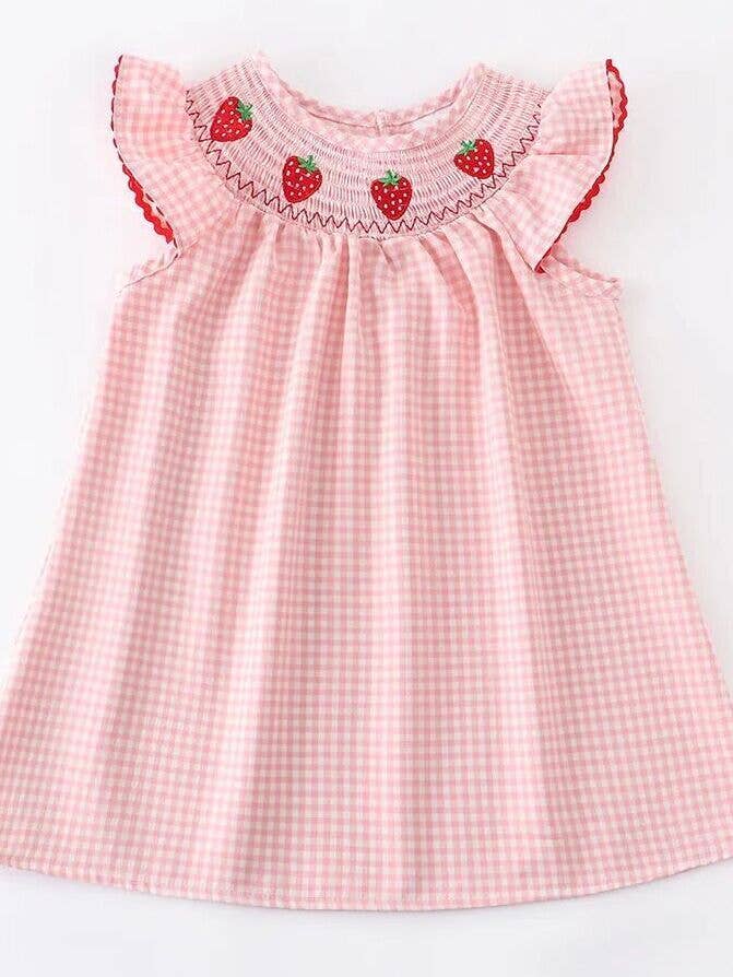Rylee Faith Designs - Wholesale Jurk - Kinderen - Baby meisjesjurk met aardbeienborduursel en geruite smock.