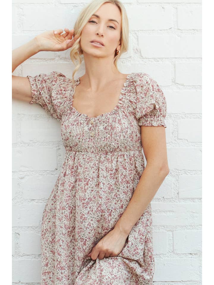 Elloh Collection - Wholesale Dress - Women's - Romantic Puff Sleeve Wide Flare Empire Maxi Dress w Pockets