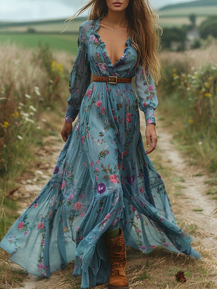 Blue Women Retro Casual Boho Floral Printed V-Neck Long-Sleeve Dress for wholesale on Faire0