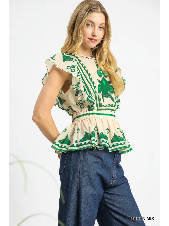 Vanilla Monkey - Wholesale Blouse - Women's - Boho Embroidered Ruffle Sleeve Peplum Top