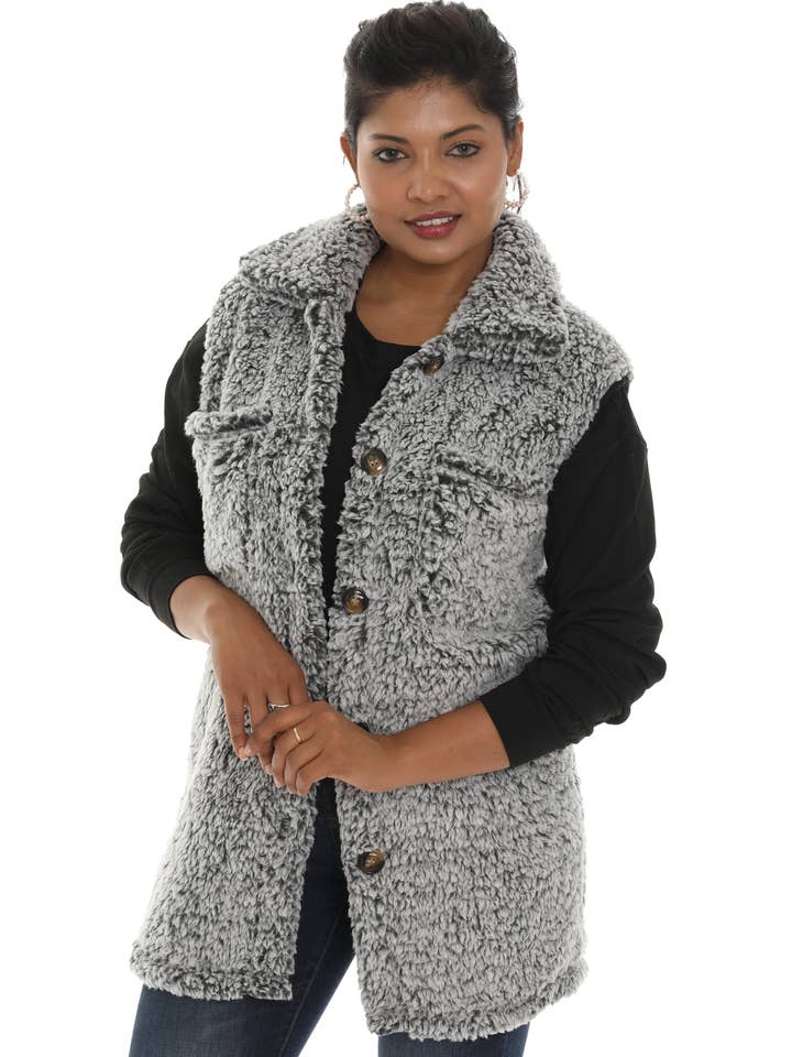 Button Front Faux Fur Vest for wholesale by Shoreline Wear. INC
