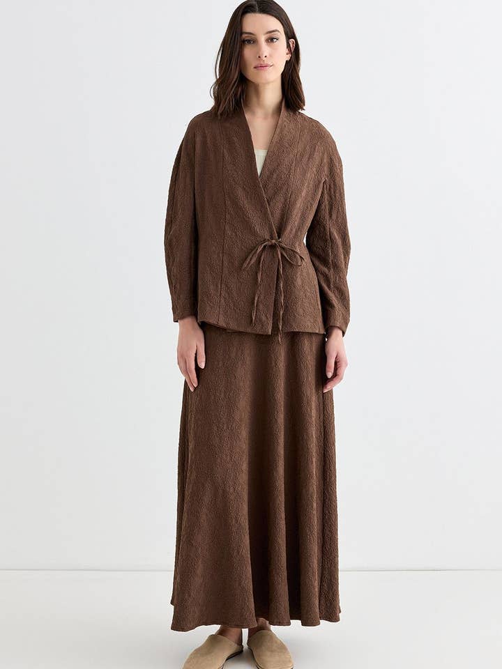 Ari Textured Jacket Skirt Set Brown for wholesale by Kadriye Baştürk