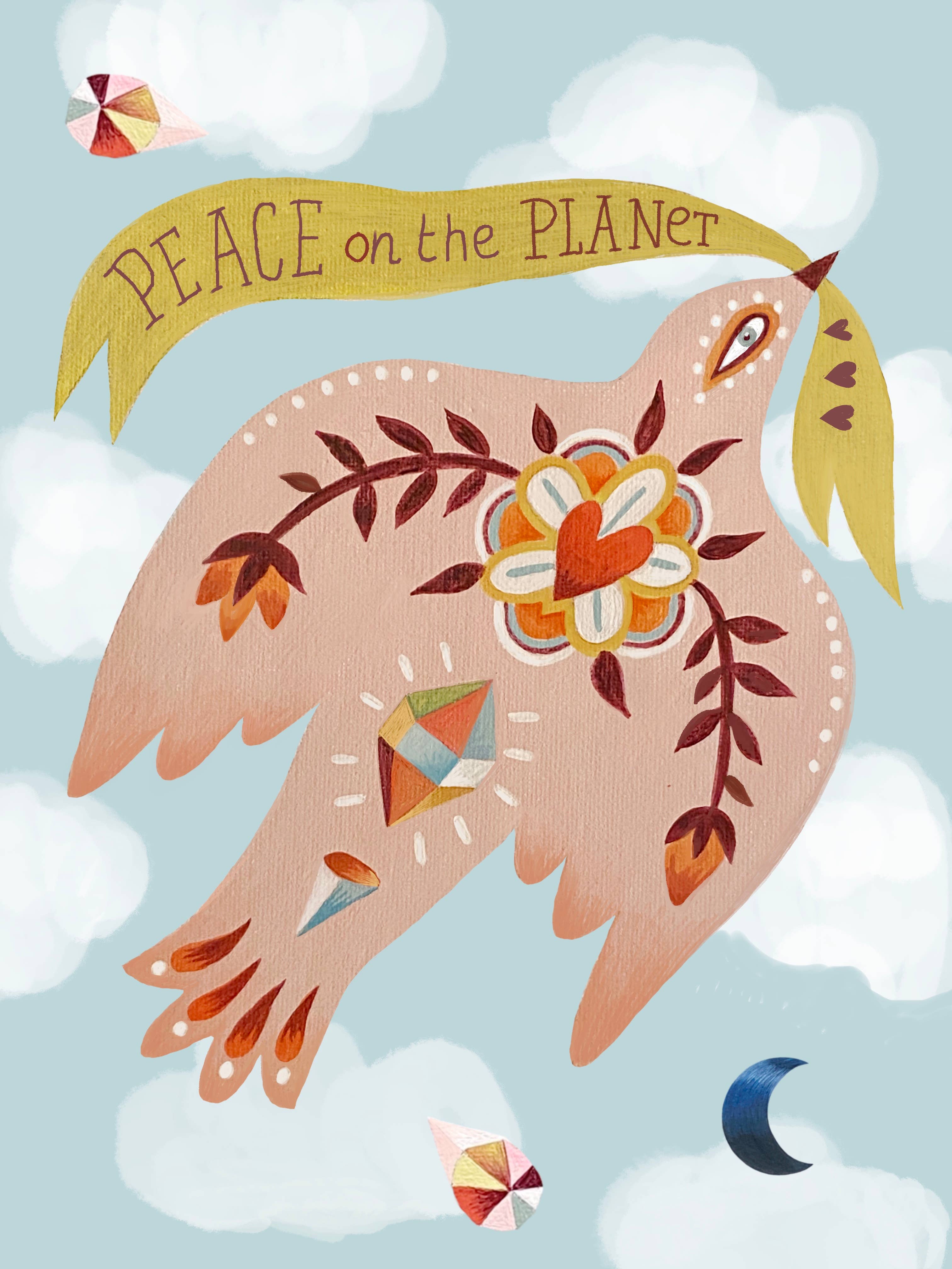Isabelle Bryer Art - Vente Carte de vœux classique - Paix sur la Planète – Carte de Vœux Colombe Fantaisiste A71