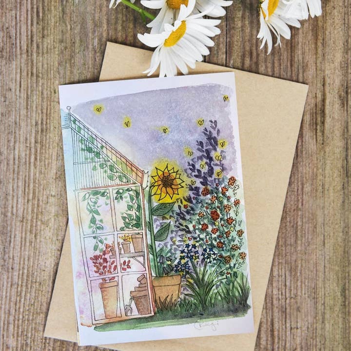 Evening Greenhouse Card x5 for wholesale by Badibidu Watercolours