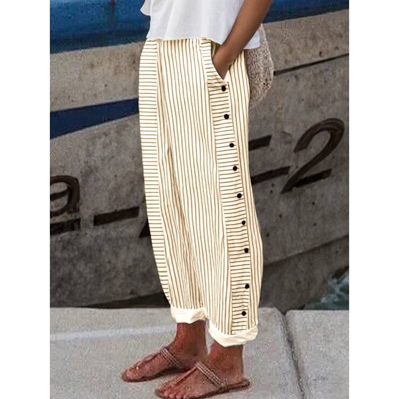 OceanusSwim – wholesale Pants – Women's – Loose Buttoned Pockets Striped Pants Trousers1
