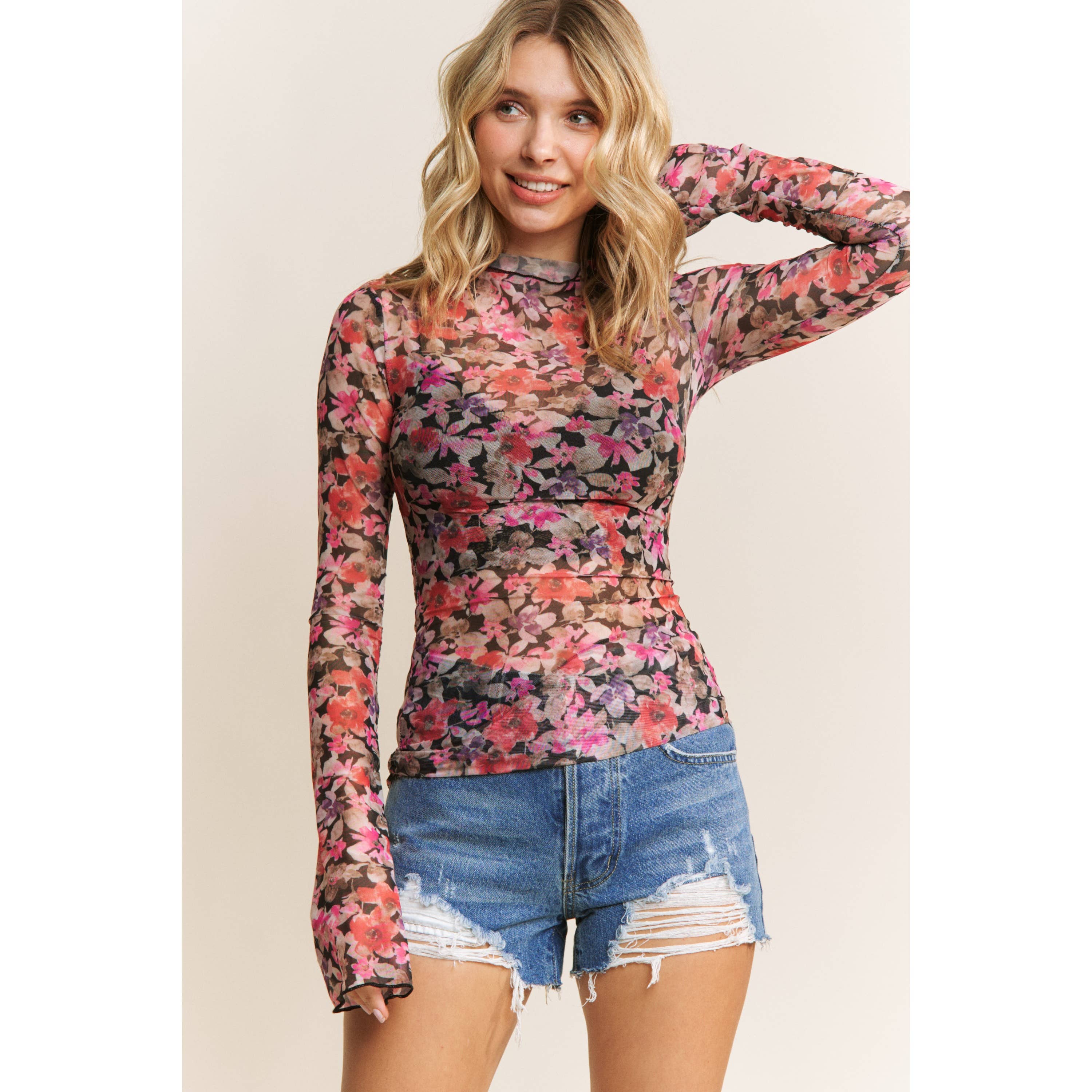Sweet Generis - Wholesale Knit Top - Women's - CUTE FLORAL PRINT MESH HIGH NECK DESIGN LONG SLEEVE FITTED T11