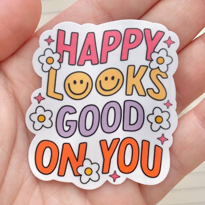 Autocollant « Happy Looks Good » Groovy Happy Face, Smile Trendy pour la vente par Happyish Brand