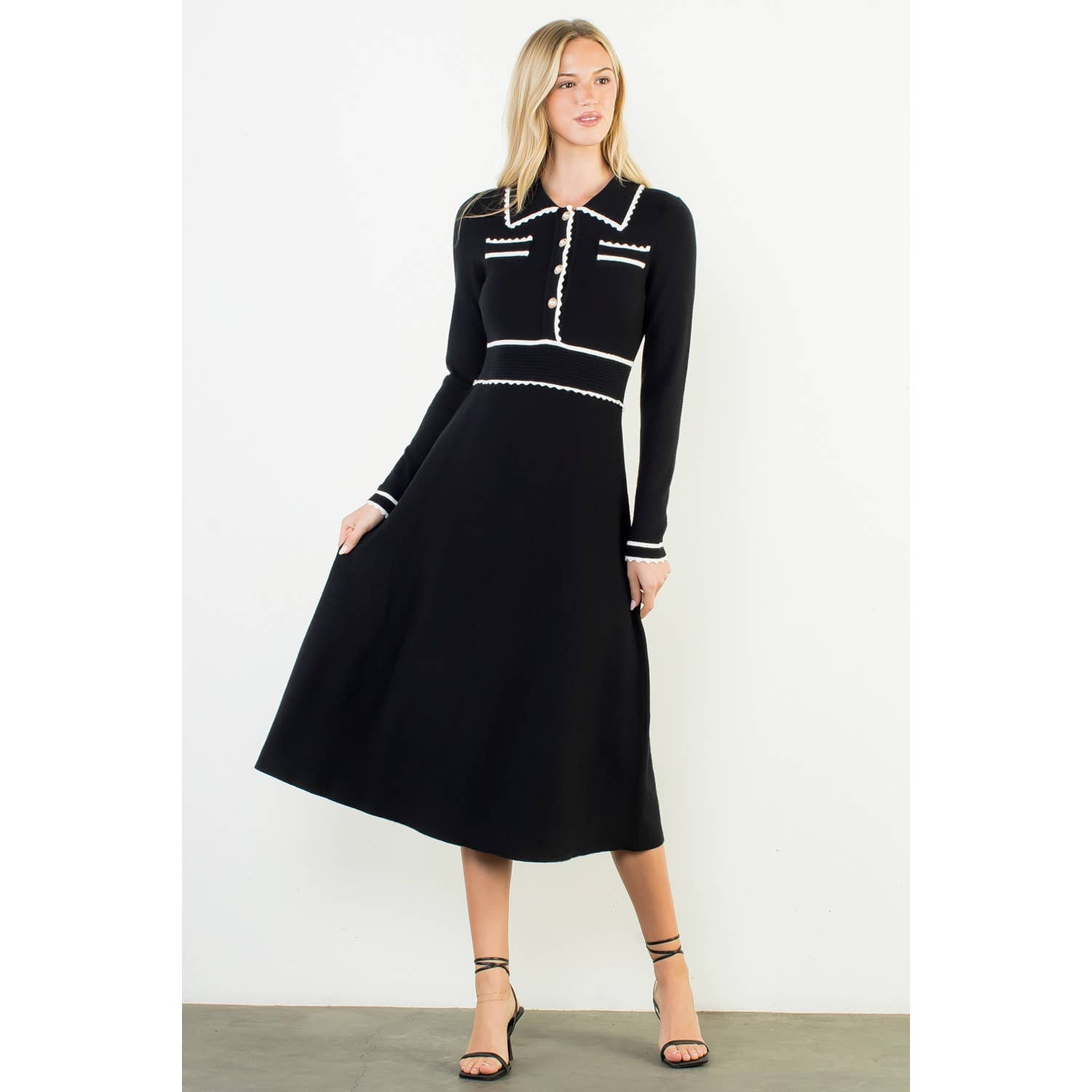 BLACK Long Sleeve Collared Knit Dress for wholesale on Faire6
