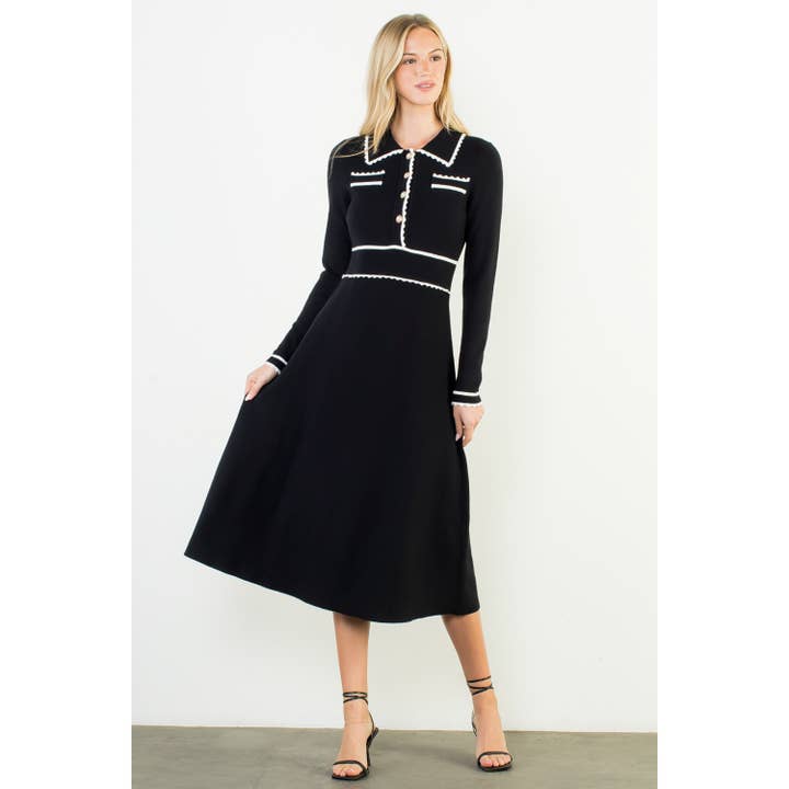 BLACK Long Sleeve Collared Knit Dress for wholesale on Faire6