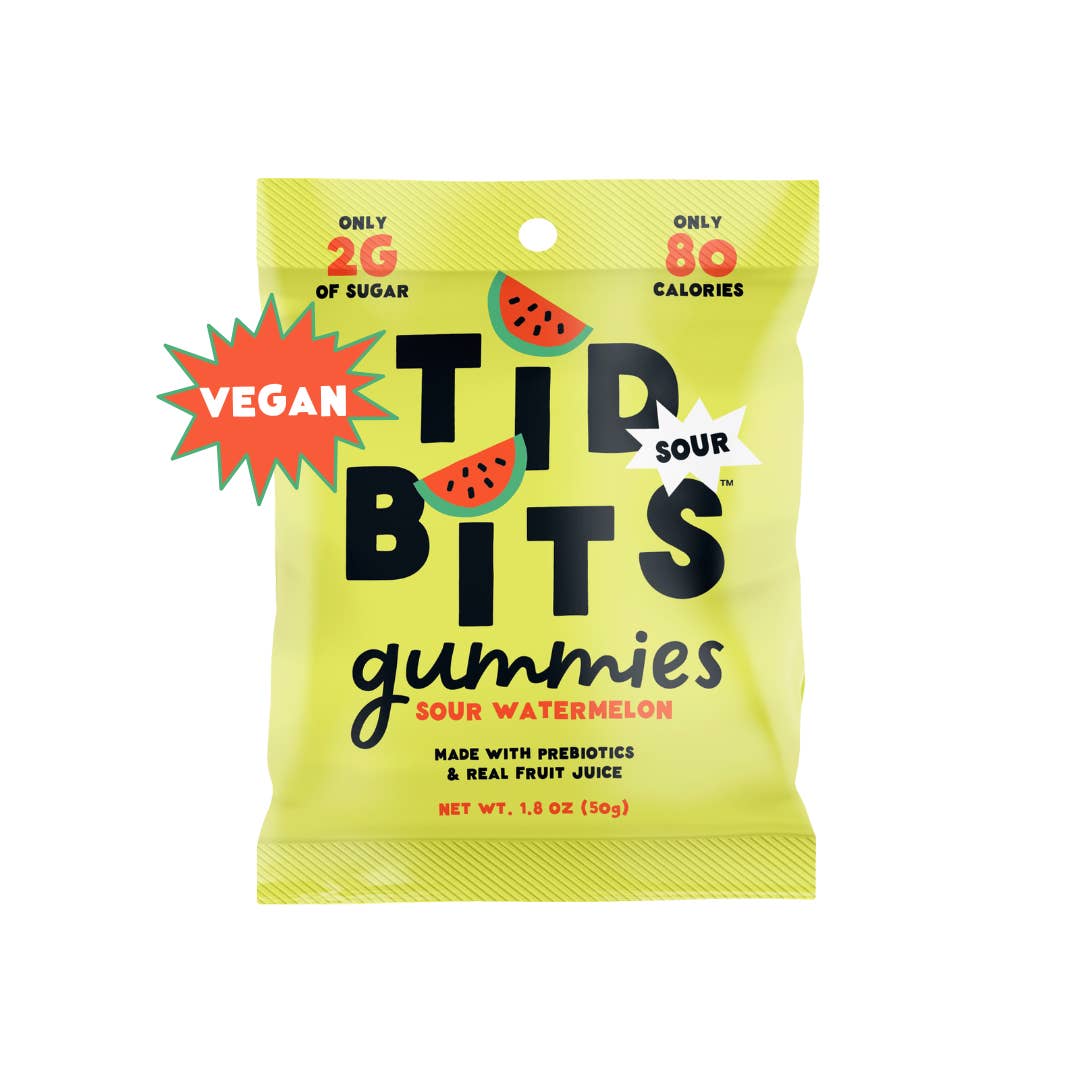 TiDBiTS Candy – Engroshandel Vingummi – 12-pak Sure Vandmelon Gummislik, Lavt Sukker, Præbiotisk, Vegansk