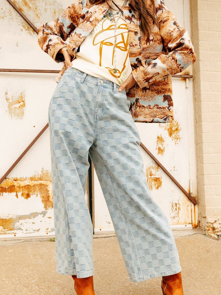 Pantalon à carreaux en denim TH2110 S258 (1 pièce) pour la vente par Turquoise Haven