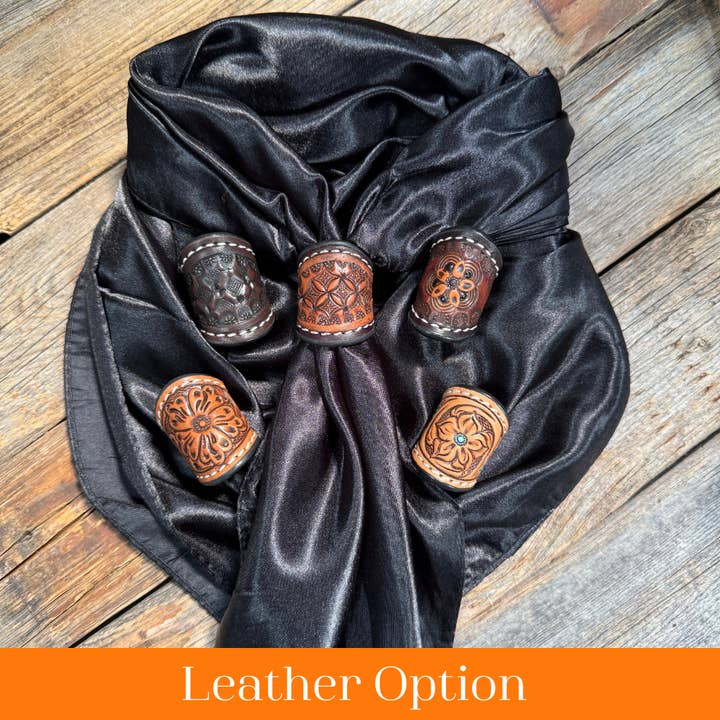Rodeo Drive - Wholesale Scarf - Unisex - 35X35" Solid Black Wild Rag / Scarf - Tooled Leather Wild Rag Slides - Assorted1