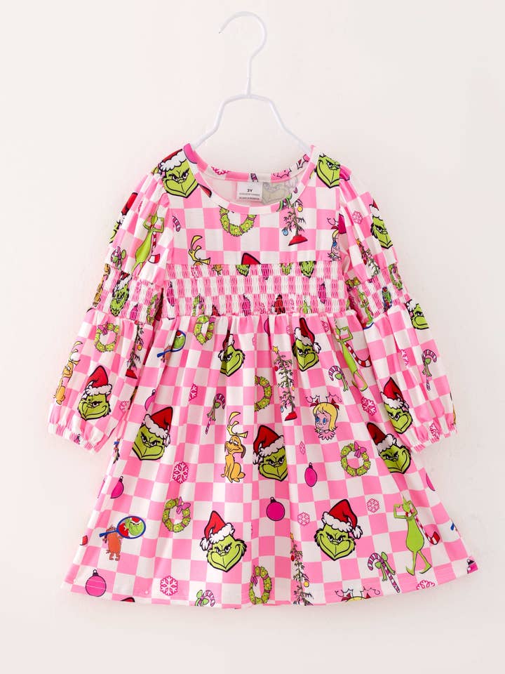 littleoneusa - Wholesale Dress - Kids - Christmas Pink Plaid Grinch Smocked Girl Dress