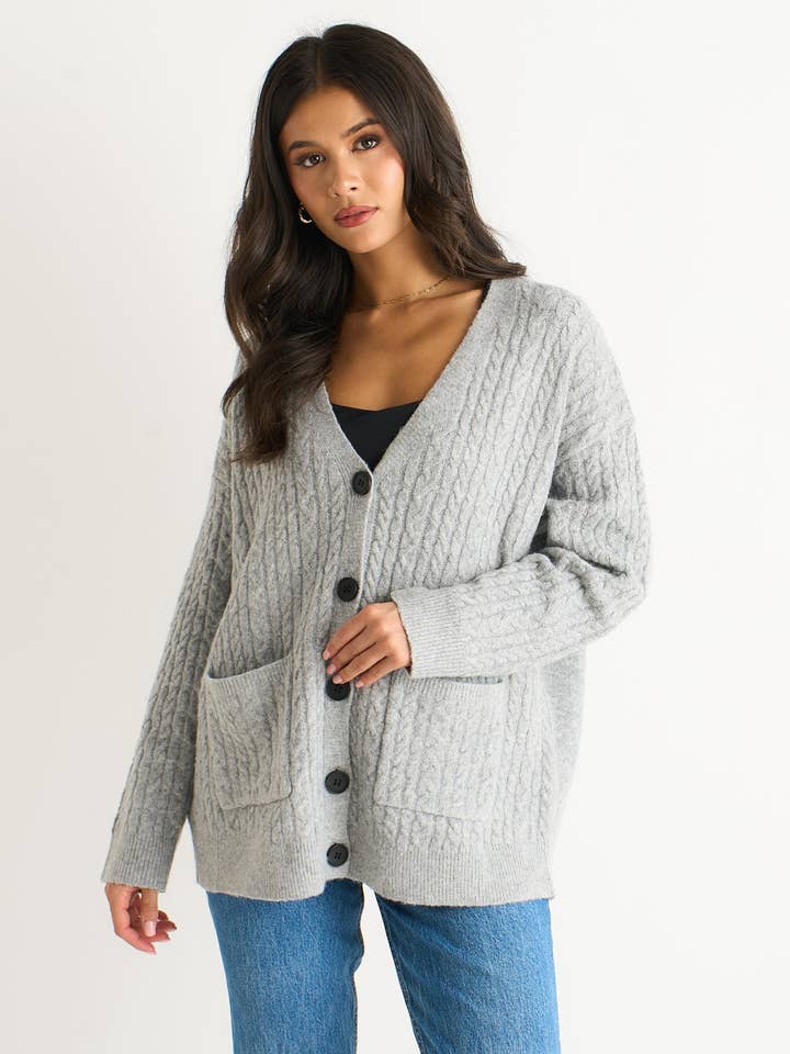 Grey Cable Patch Pocket Knitted Cardigan for wholesale by GINI LONDON