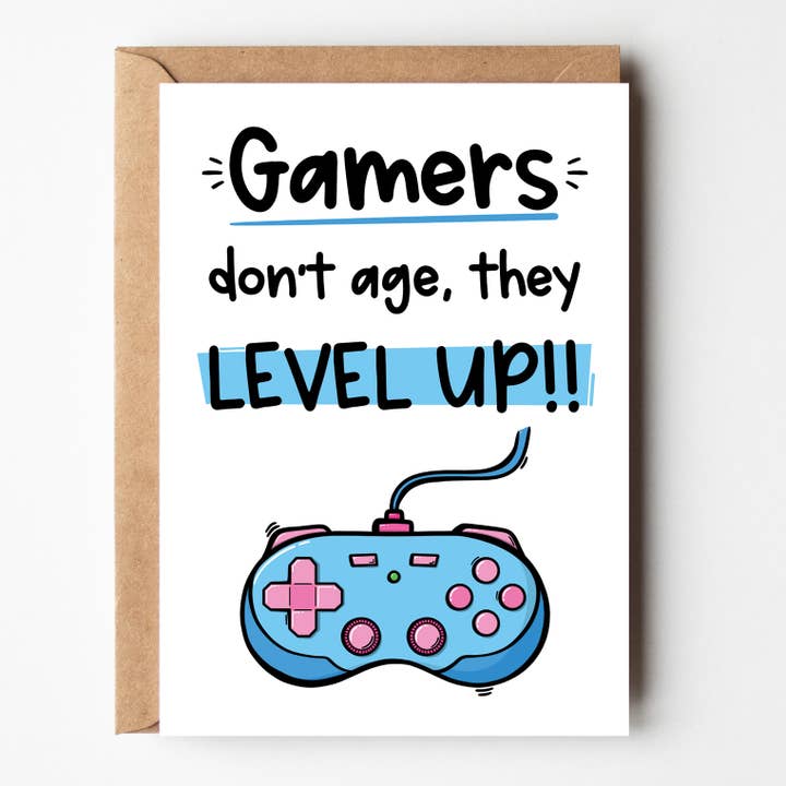 Gamers Don't Age, They Level Up!! - Gamer Birthday Card for wholesale by The Laughing Sloth