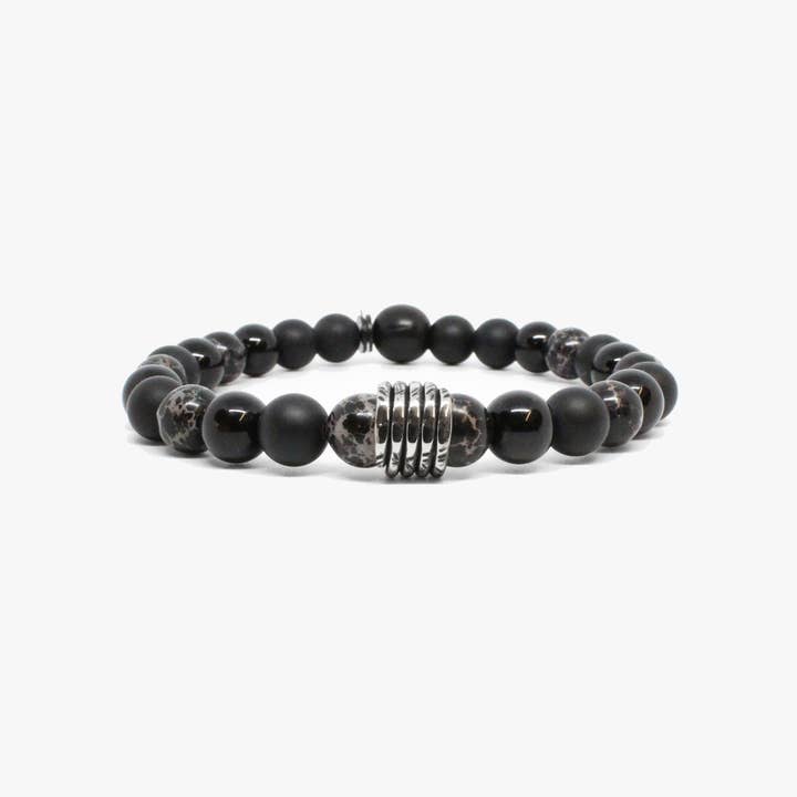 Bobine en argent sterling gravée, pierres noires pour la vente par Kenton Michael