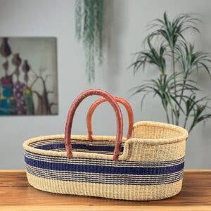 African Market Baskets - Vente Paniers - Paniers Bolga Africains : Couffin Marine/Naturel (G-164N+)1