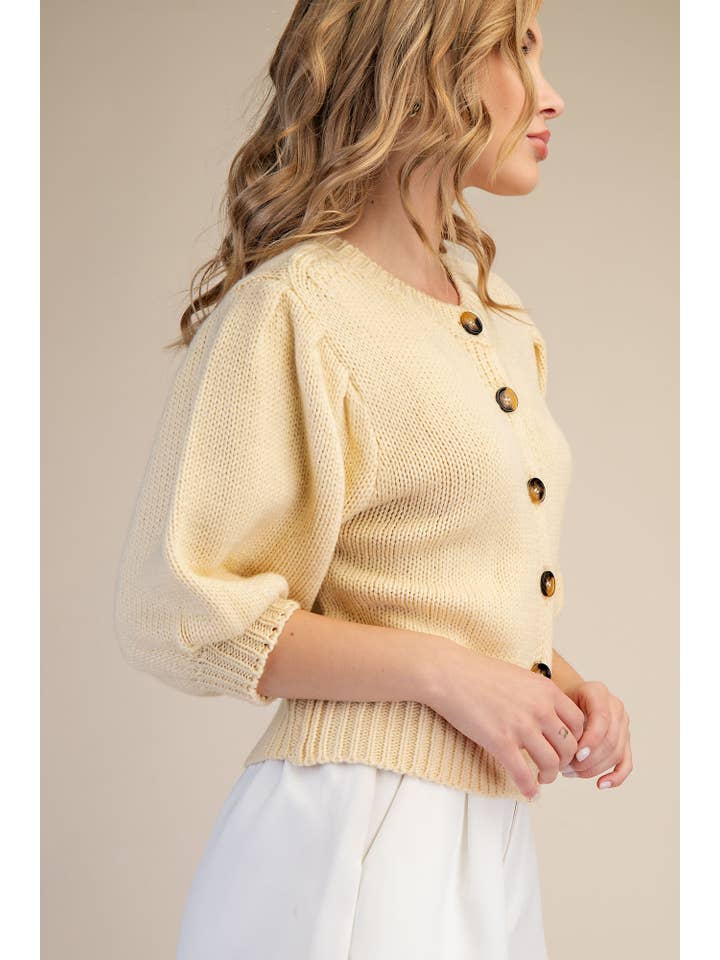 Glam - Wholesale Knit Sweater - Women's - Short Puff Sleeve Button Down Sweater - Reorder Friendly21