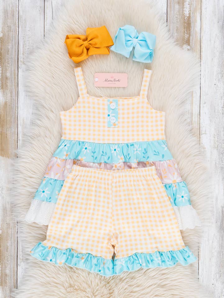 Marie Nicole Clothing - Wholesale Top & Short Set - Kids - Sweet Gingham Floral Ruffle Outfit