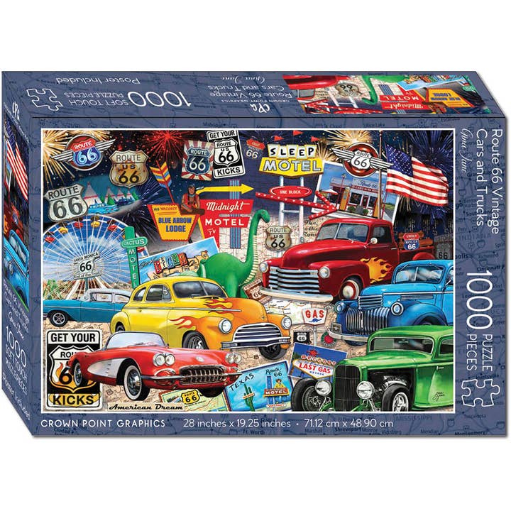 Route 66 Vintage Cars and Trucks - 1000 Piece Jigsaw Puzzle for wholesale by Crown Point Graphics