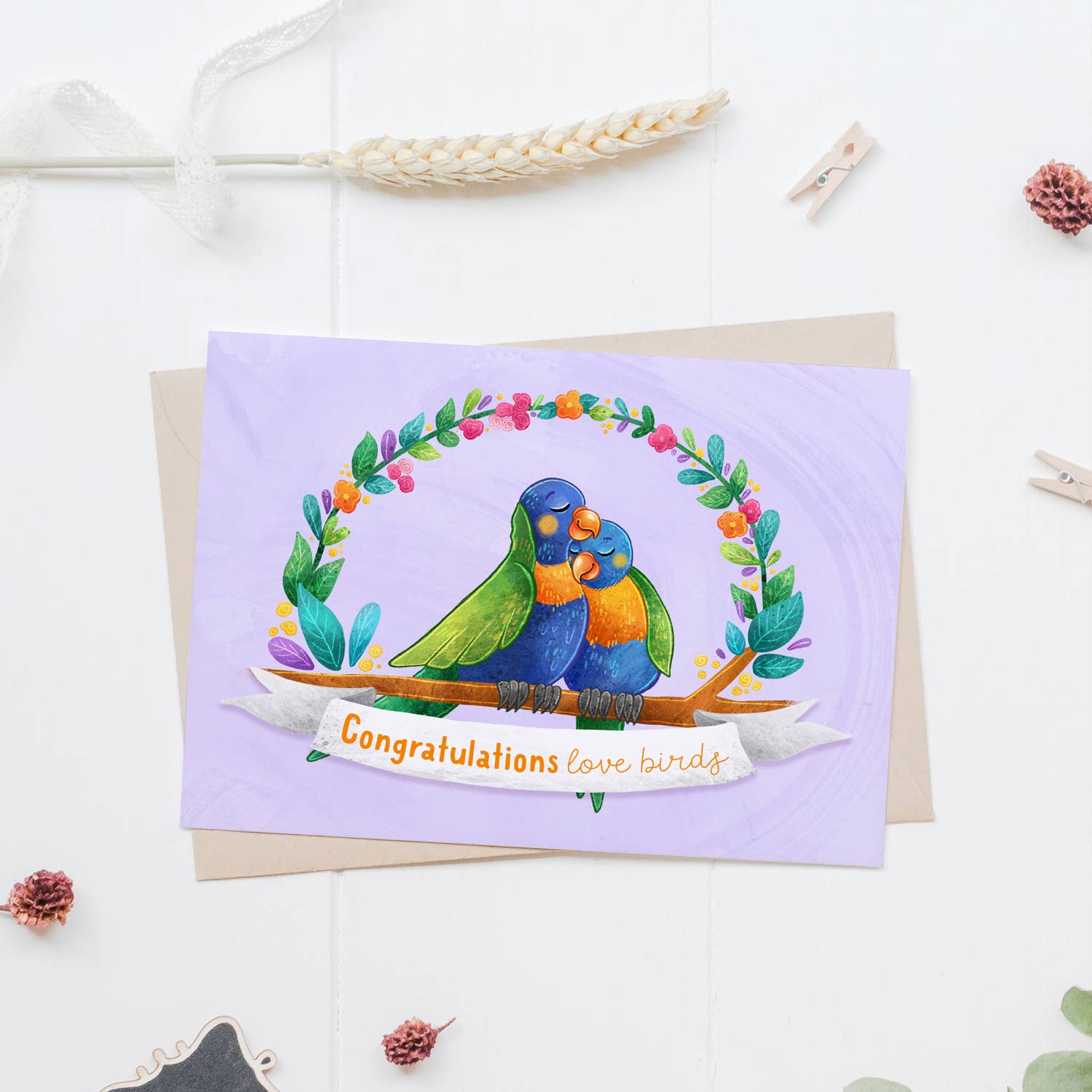 Stray Leaves - Vente Faire-part de mariage - Carte de mariage de félicitations, Love Birds, loriquet arc-en-ciel3