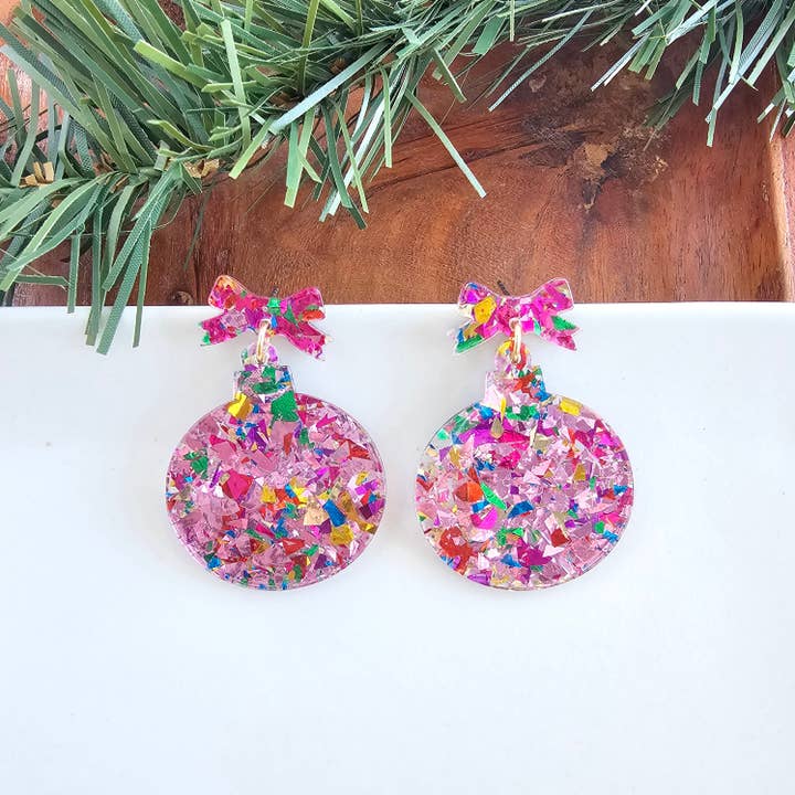 Spiffy & Splendid - Wholesale Dangle Earrings - Christmas Ornament Earrings - Light Pink Sparkle // Holiday