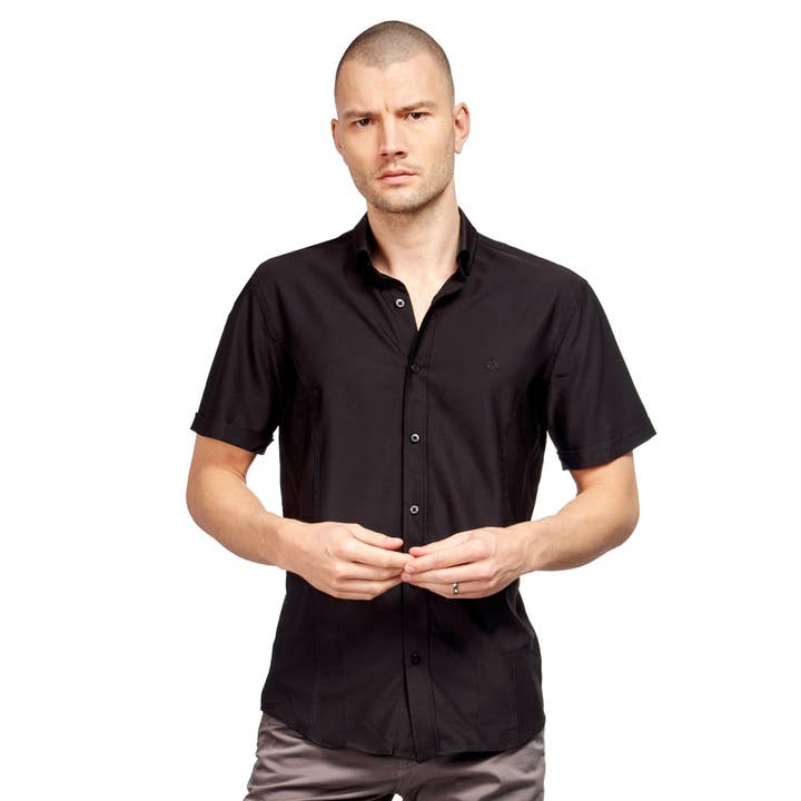 Camisa Bar Snack Stretch de Manga Curta com Botões - Preto por atacado de EIGHT X