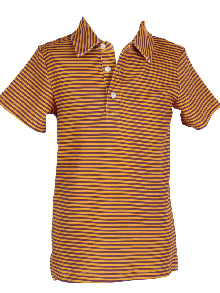 Game Day Patrick Shirt - Purple and Gold Stripe for wholesale by The Yellow Lamb