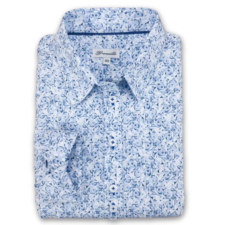 Chemise pour femme à manches longues avec motif abstrait bleu pour la vente par Salamander Shirts Ltd