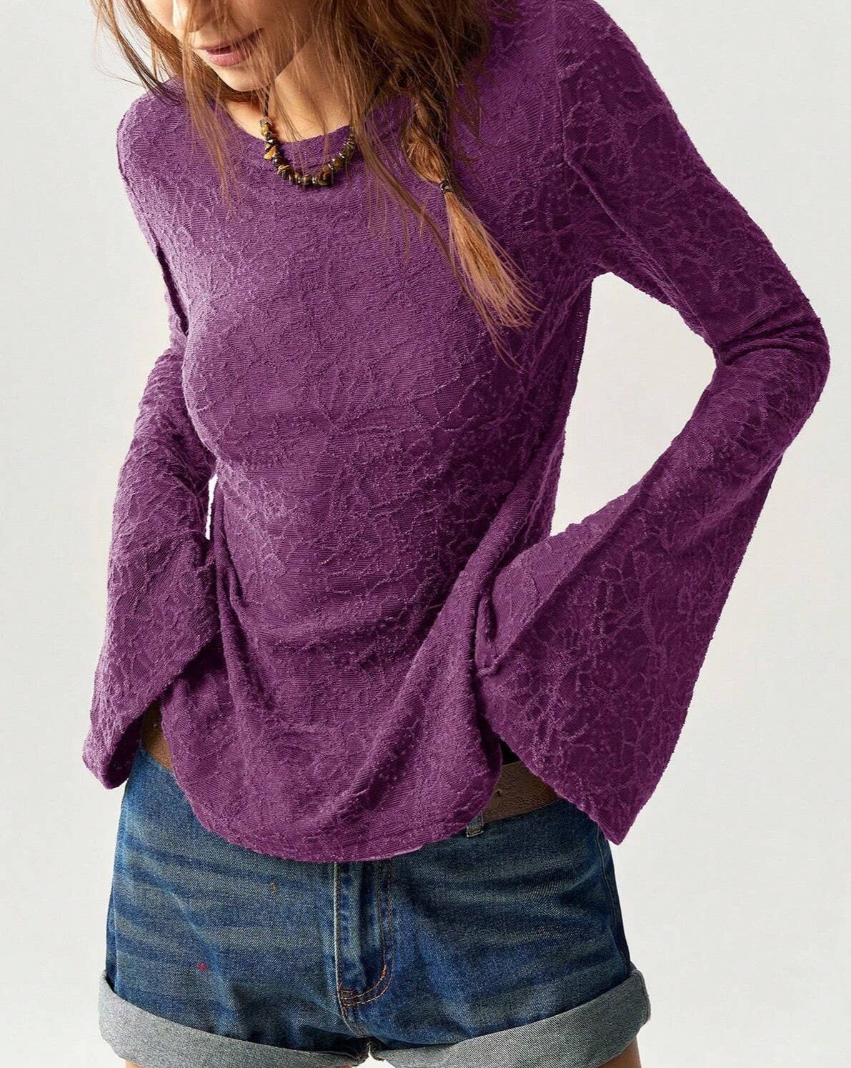 Rosa Clothing - Wholesale Blouse - Women's - Textured Crew Neck Flared Sleeves Blouse3