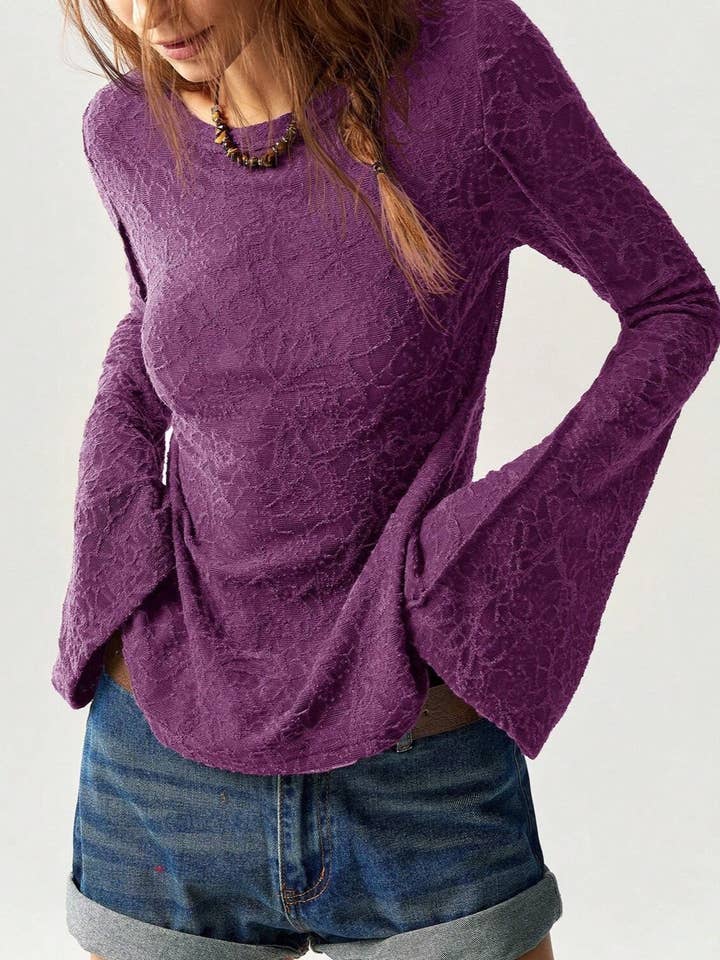 Rosa Clothing - Wholesale Blouse - Women's - Textured Crew Neck Flared Sleeves Blouse3