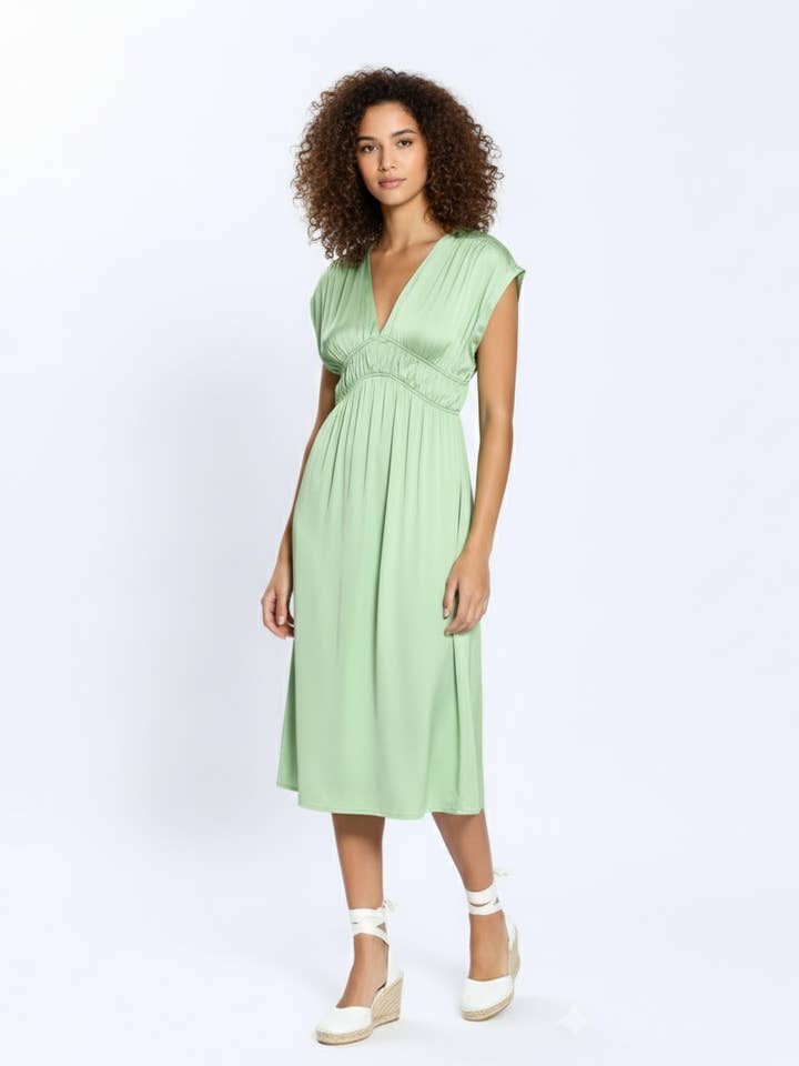 24121336- V neckline and a gathered waist midi dress. for wholesale by The Korner - USA